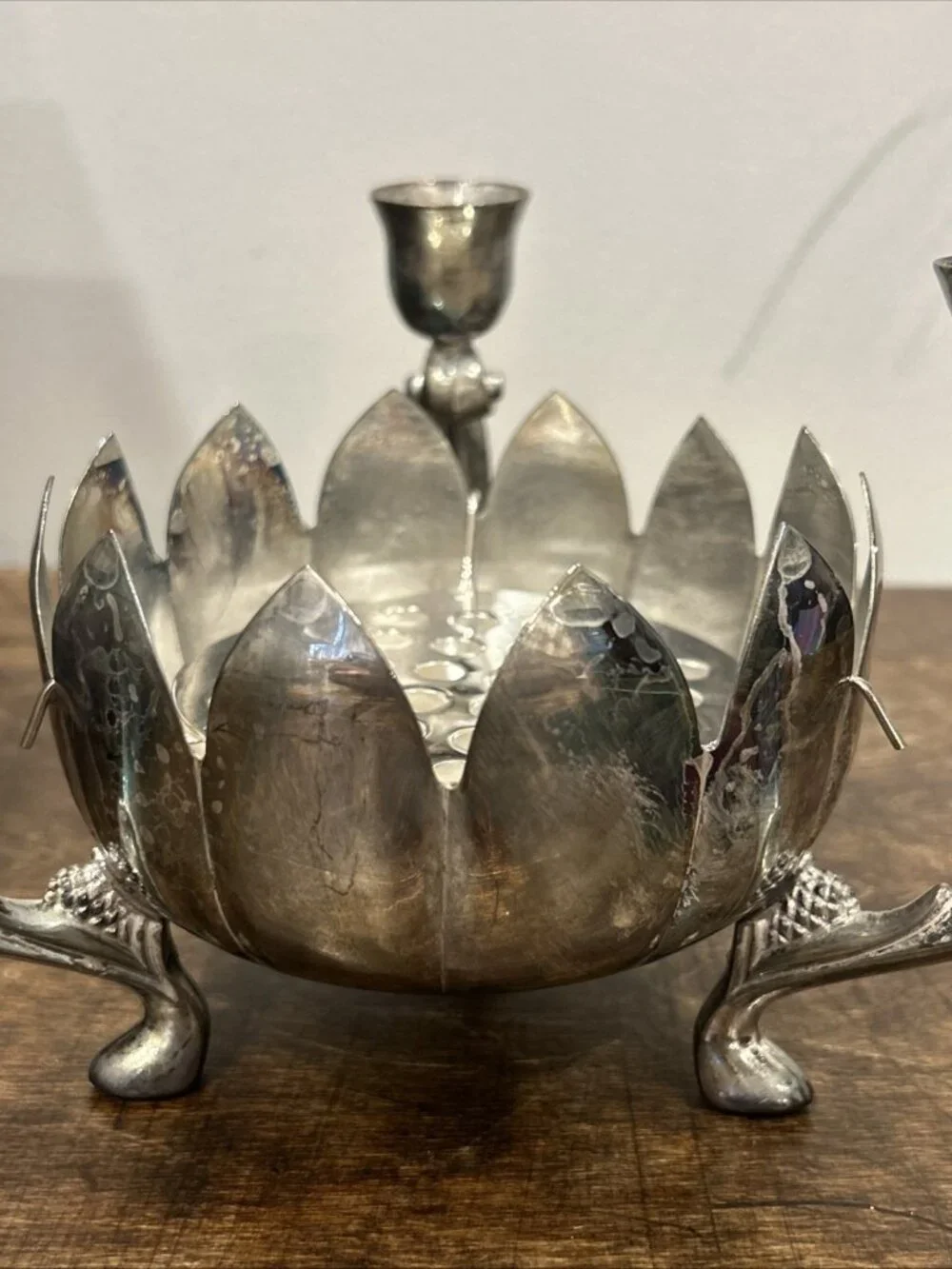 Vintage Silver Plate Lotus Flower Frog Candlabra Table Centerpiece Royal Limited